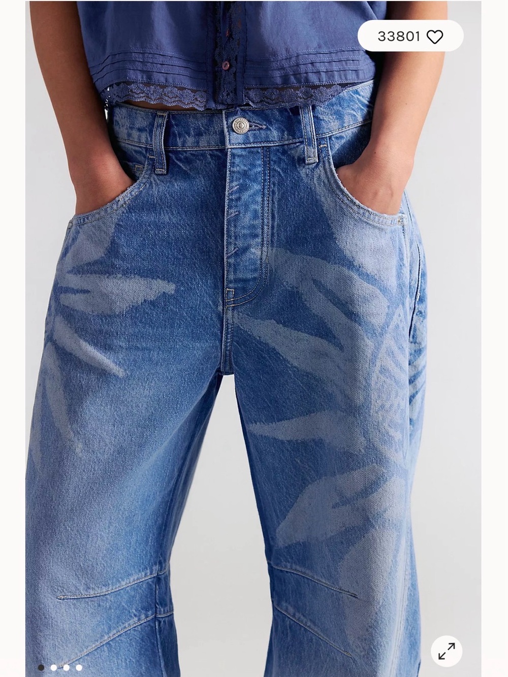 Free People Blue Washed Barrel Jeans with Subtle Pattern